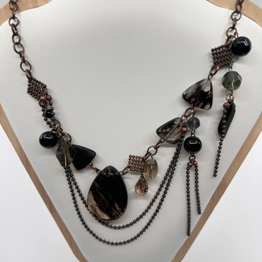 Black Brown Faceted Bead Necklace Antique Bronze Tone Chain Statement Vintage
